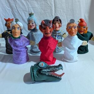 Vtg 8 Character Glove Hand Puppets Rubber Head Cloth Body Devil King Queen